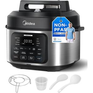 imageMidea 9in1 Multi Cooker 6L with 12 Cooking Functions Pressure Cook SlowampampRice Cooker Sous Vide Cake Maker etc 70 Faster NonStick Brushed Steel ampamp Black