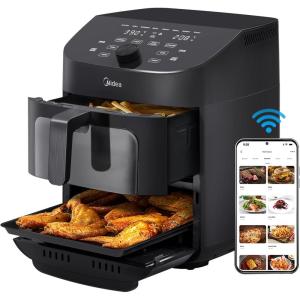 imageMidea Dual Basket Air Fryer Oven 11 Quart 8 in 1 Functions Clear Window Smart Sync Finish Works with Alexa WiFi Connectivity 50 App Recipes for family meals Bake Roast Grill Broil Toast